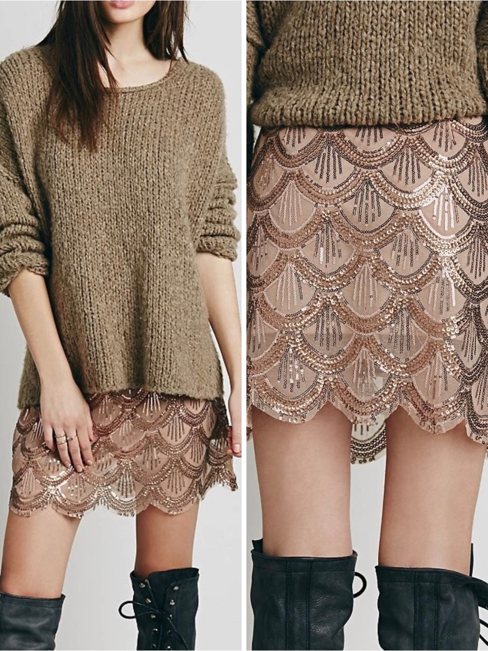 NWT Free People Sequin Scallop Mini Skirt - Rose Gold